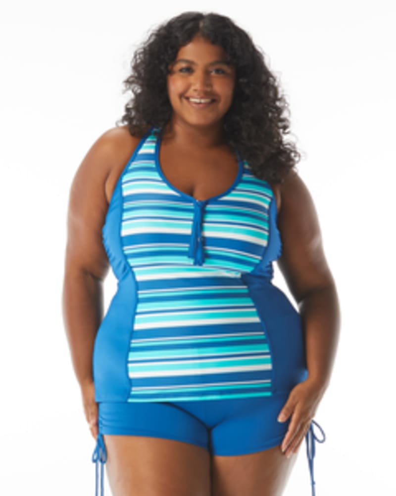 Front of a model wearing a size 16W Erinna Zip Front Tankini Swim Top in BLUE BLISS by Beach House Woman. | dia_product_style_image_id:269155